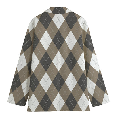 Brown And White Argyle Pattern Print Women's Cotton Blazer