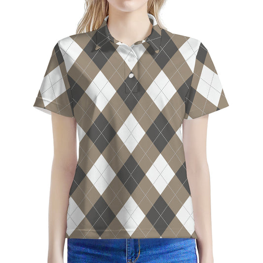 Brown And White Argyle Pattern Print Women's Polo Shirt