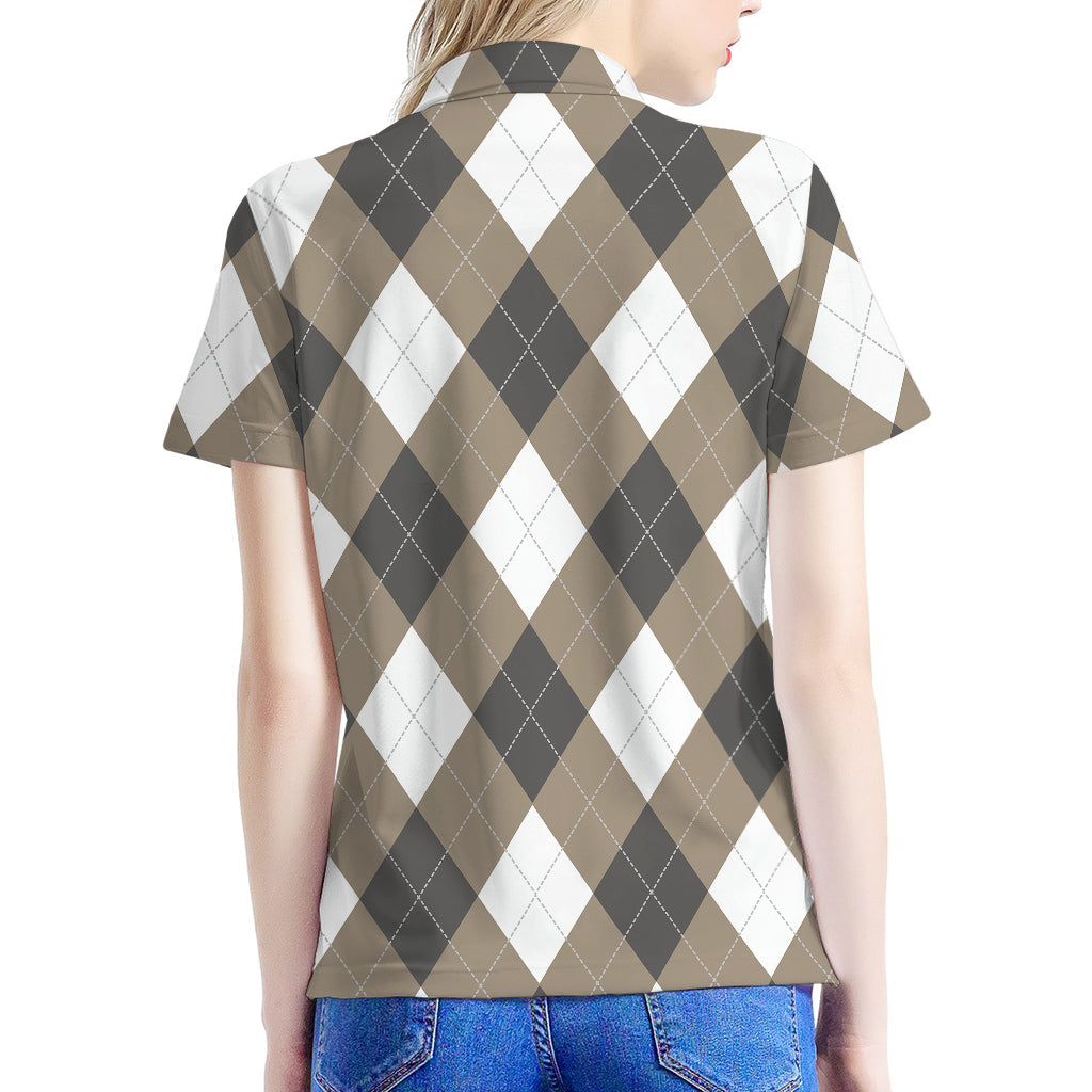 Brown And White Argyle Pattern Print Women's Polo Shirt