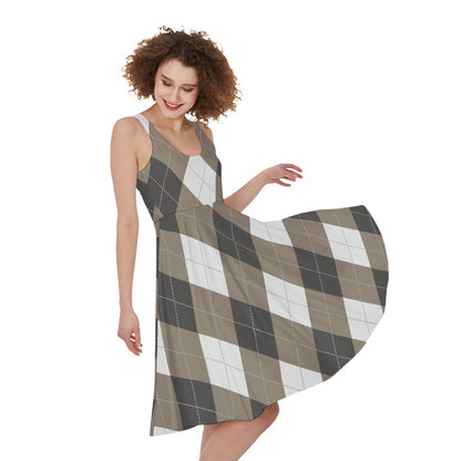 Brown And White Argyle Pattern Print Women's Sleeveless Dress