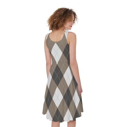 Brown And White Argyle Pattern Print Women's Sleeveless Dress