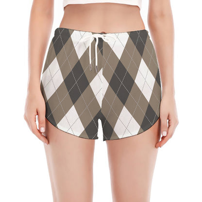Brown And White Argyle Pattern Print Women's Split Running Shorts