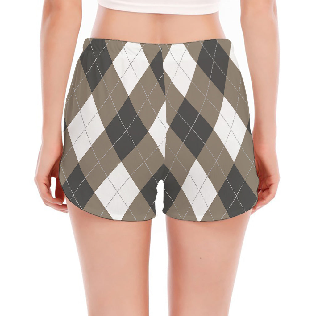 Brown And White Argyle Pattern Print Women's Split Running Shorts