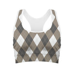 Brown And White Argyle Pattern Print Women's Sports Bra