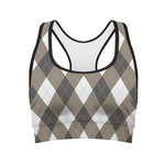 Brown And White Argyle Pattern Print Women's Sports Bra