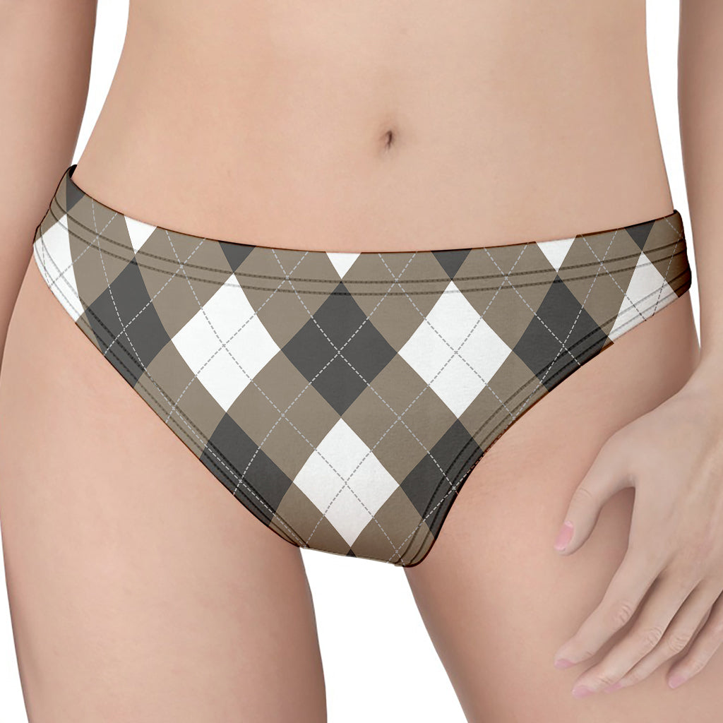 Brown And White Argyle Pattern Print Women's Thong