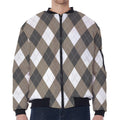 Brown And White Argyle Pattern Print Zip Sleeve Bomber Jacket