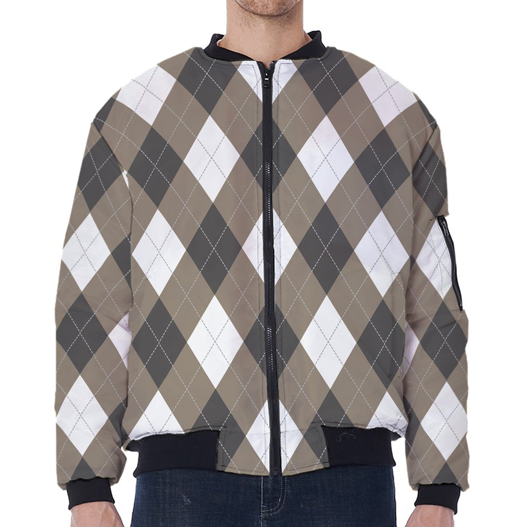 Brown And White Argyle Pattern Print Zip Sleeve Bomber Jacket
