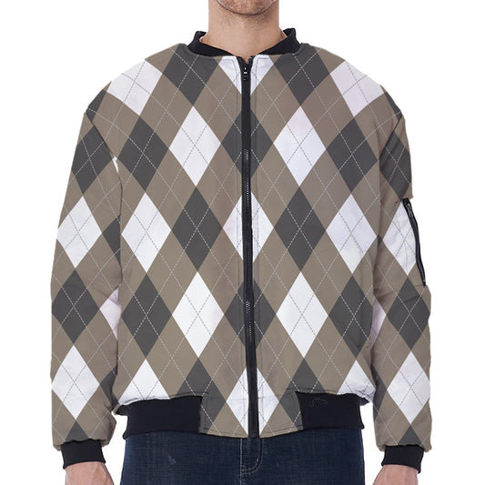 Brown And White Argyle Pattern Print Zip Sleeve Bomber Jacket
