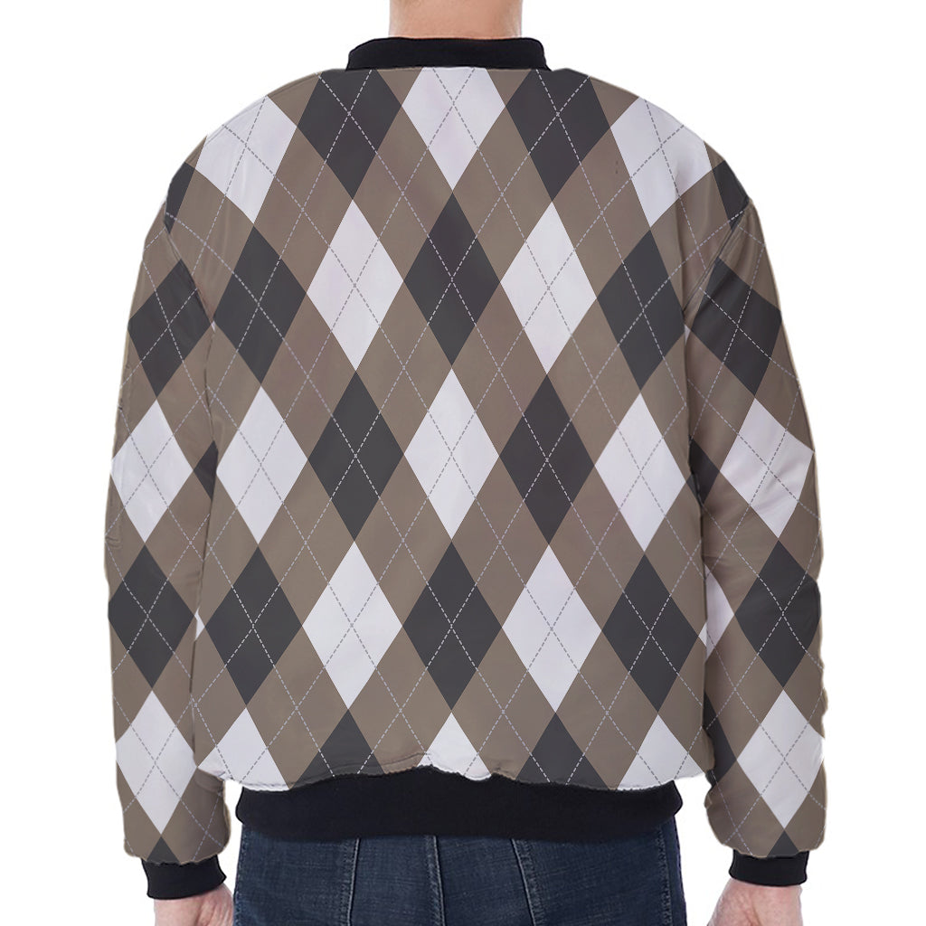 Brown And White Argyle Pattern Print Zip Sleeve Bomber Jacket
