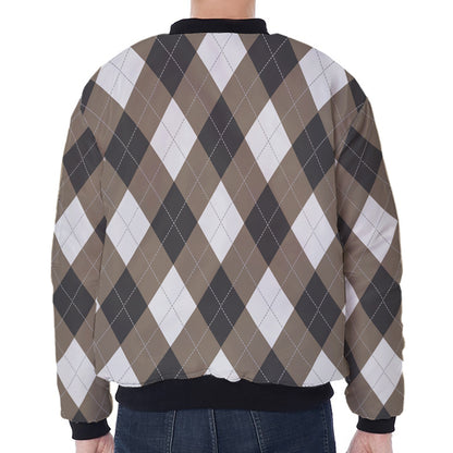 Brown And White Argyle Pattern Print Zip Sleeve Bomber Jacket