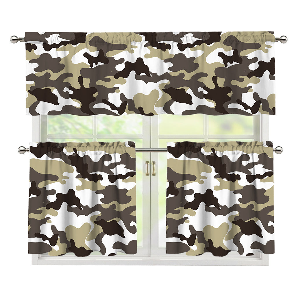 Brown And White Camouflage Print 3 Piece Kitchen Curtains