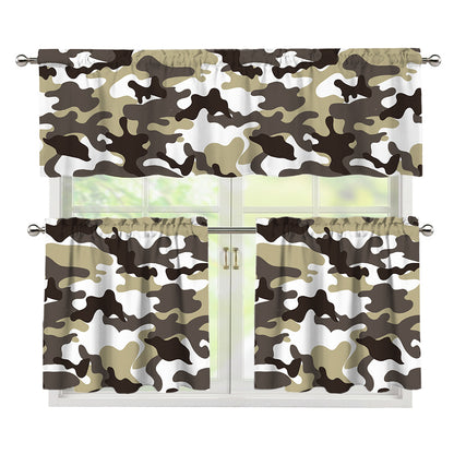 Brown And White Camouflage Print 3 Piece Kitchen Curtains