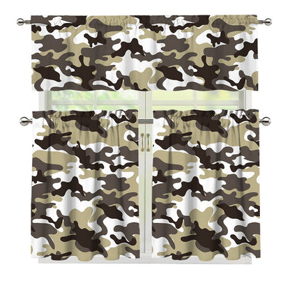 Brown And White Camouflage Print 3 Piece Kitchen Curtains