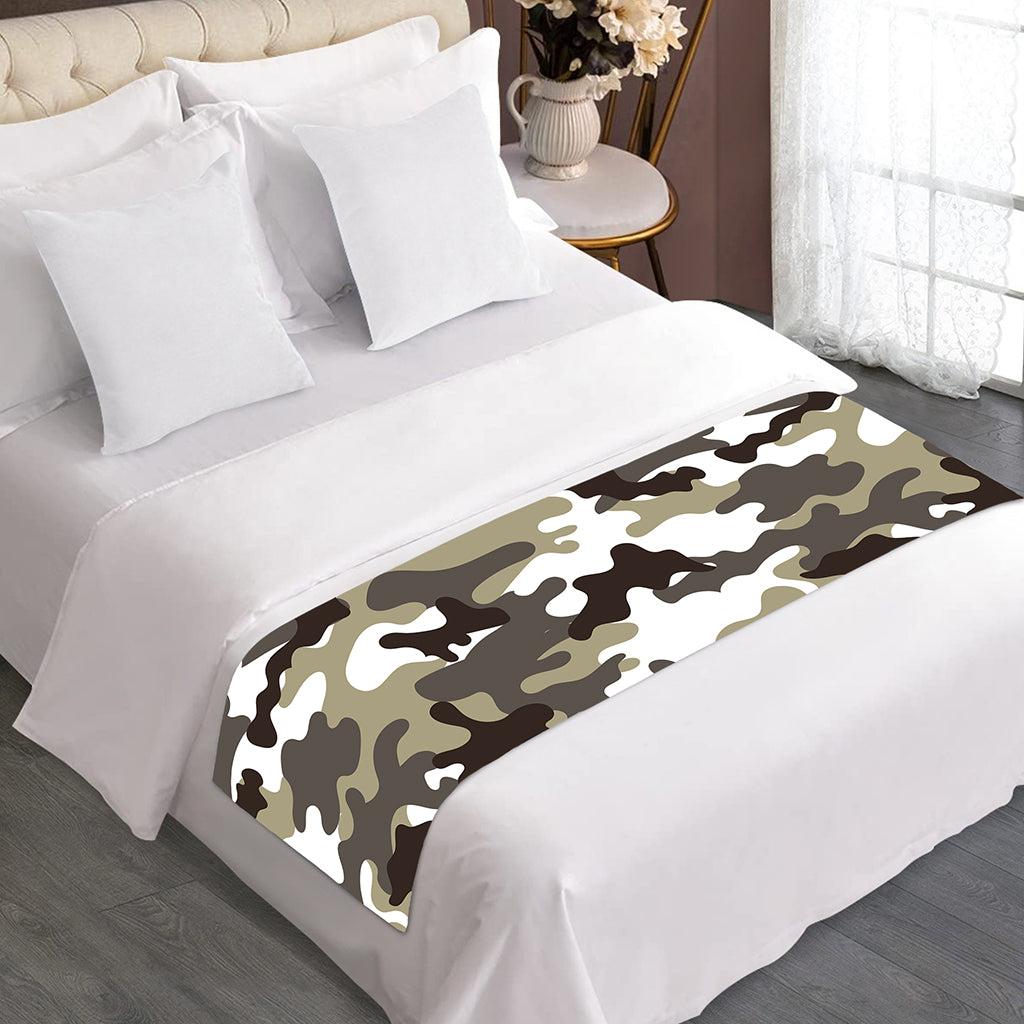 Brown And White Camouflage Print Bed Runner