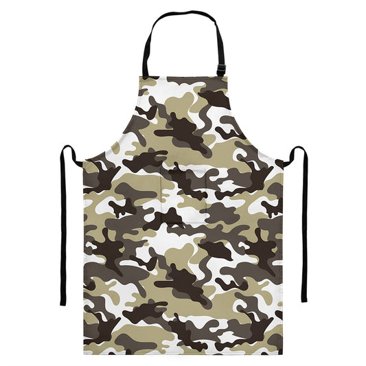 Brown And White Camouflage Print Bib Apron With Pocket