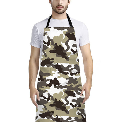 Brown And White Camouflage Print Bib Apron With Pocket