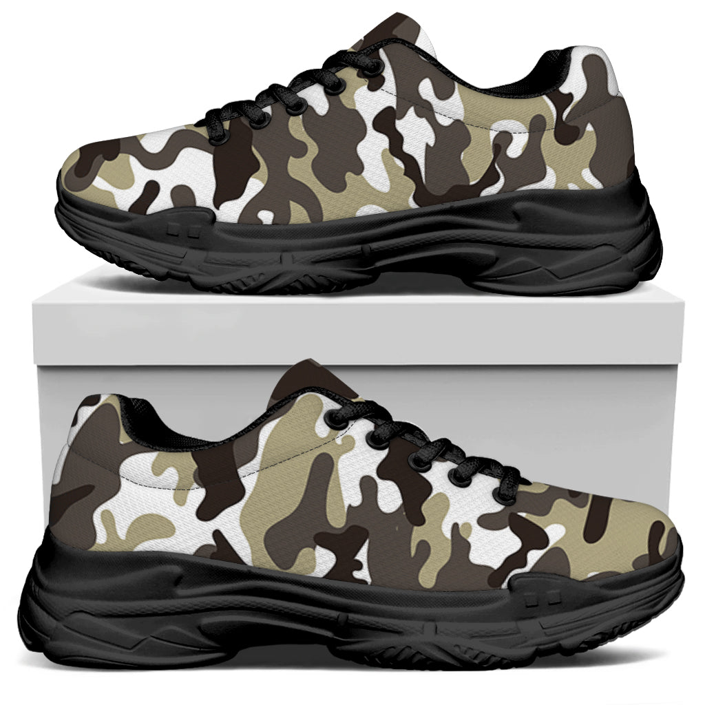 Brown And White Camouflage Print Black Chunky Shoes