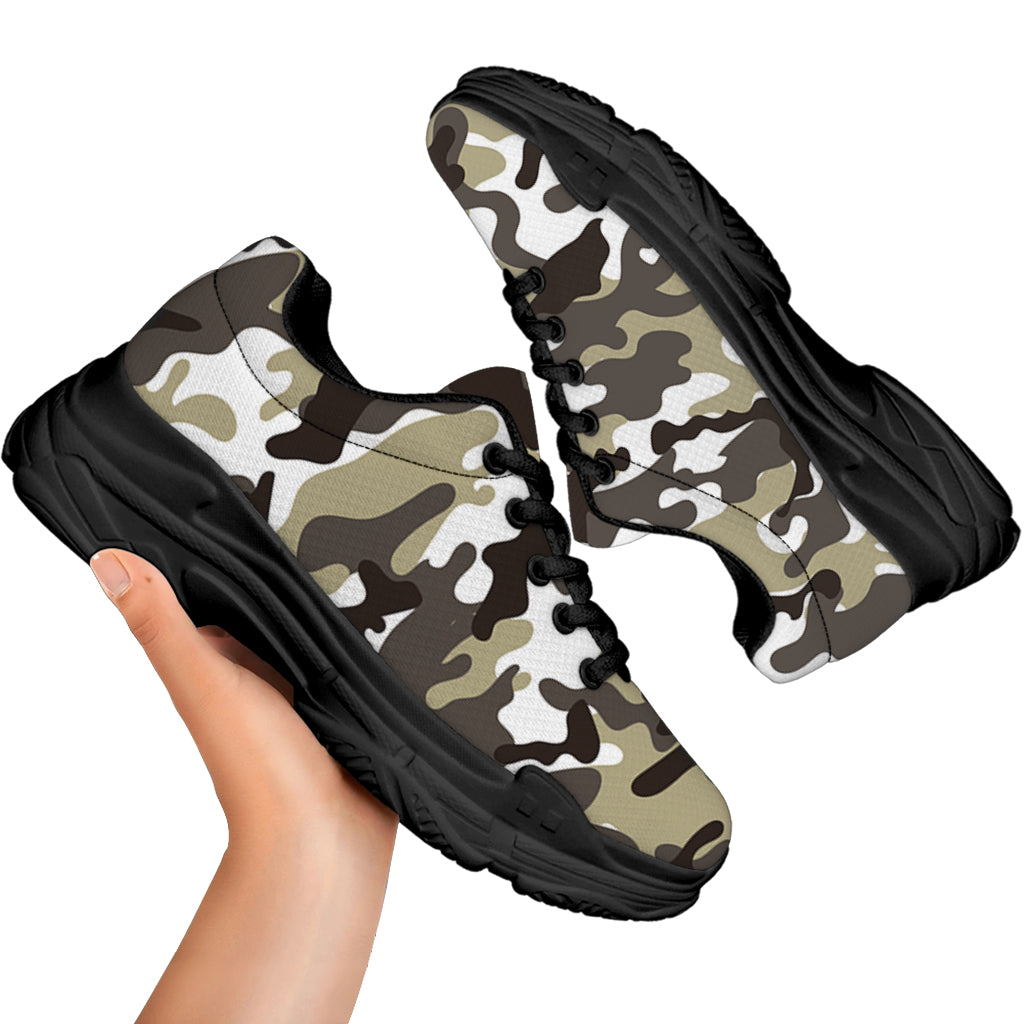 Brown And White Camouflage Print Black Chunky Shoes