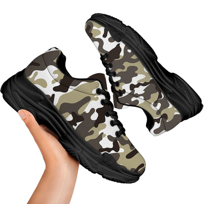 Brown And White Camouflage Print Black Chunky Shoes