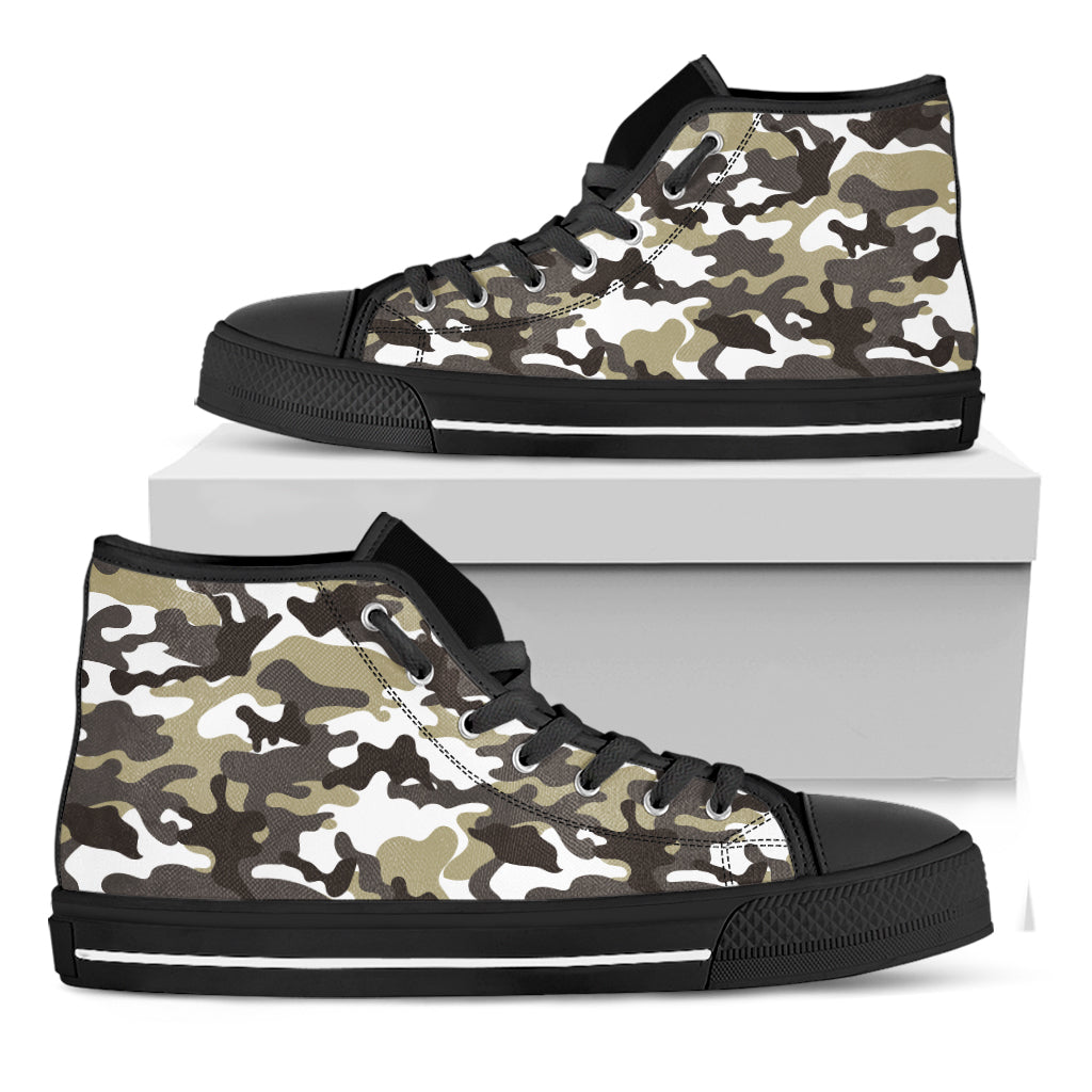 Brown And White Camouflage Print Black High Top Sneakers