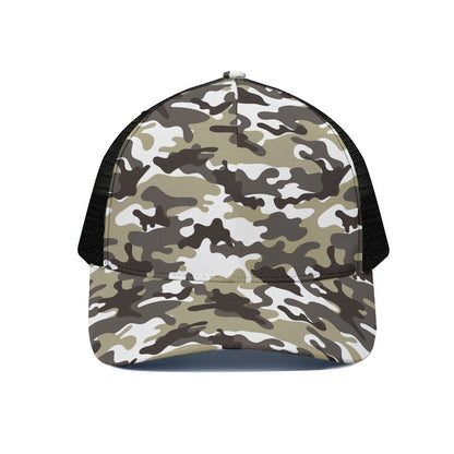 Brown And White Camouflage Print Black Mesh Trucker Cap