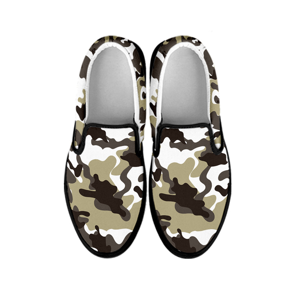 Brown And White Camouflage Print Black Slip On Sneakers
