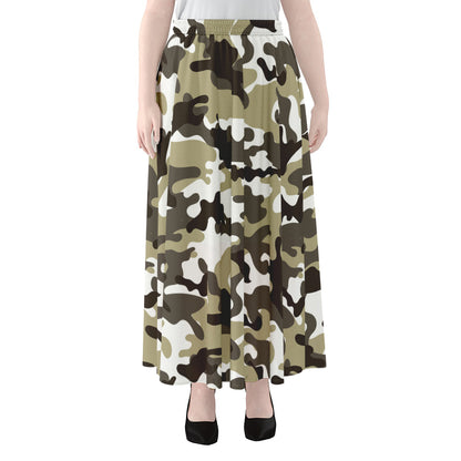 Brown And White Camouflage Print Chiffon Maxi Skirt