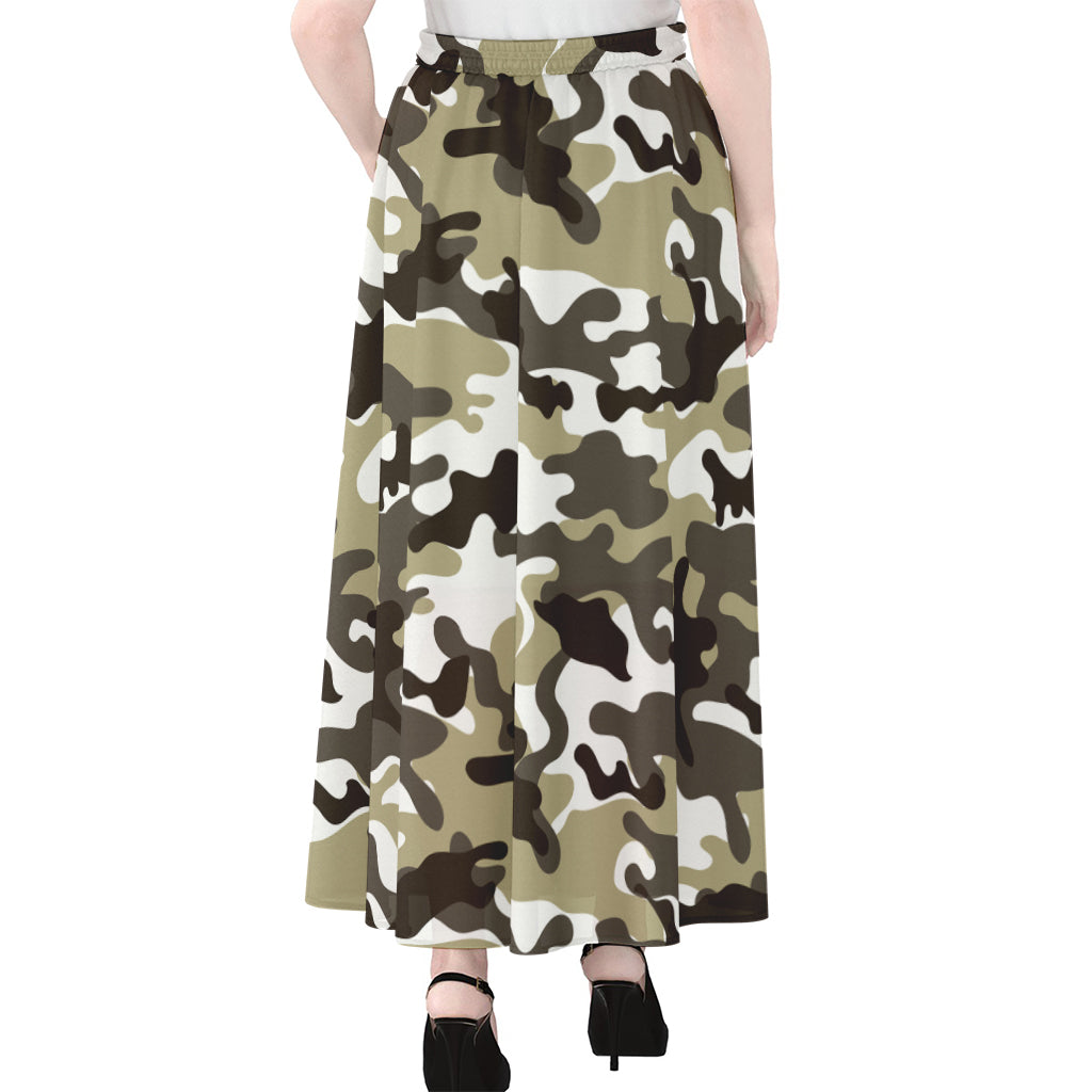 Brown And White Camouflage Print Chiffon Maxi Skirt