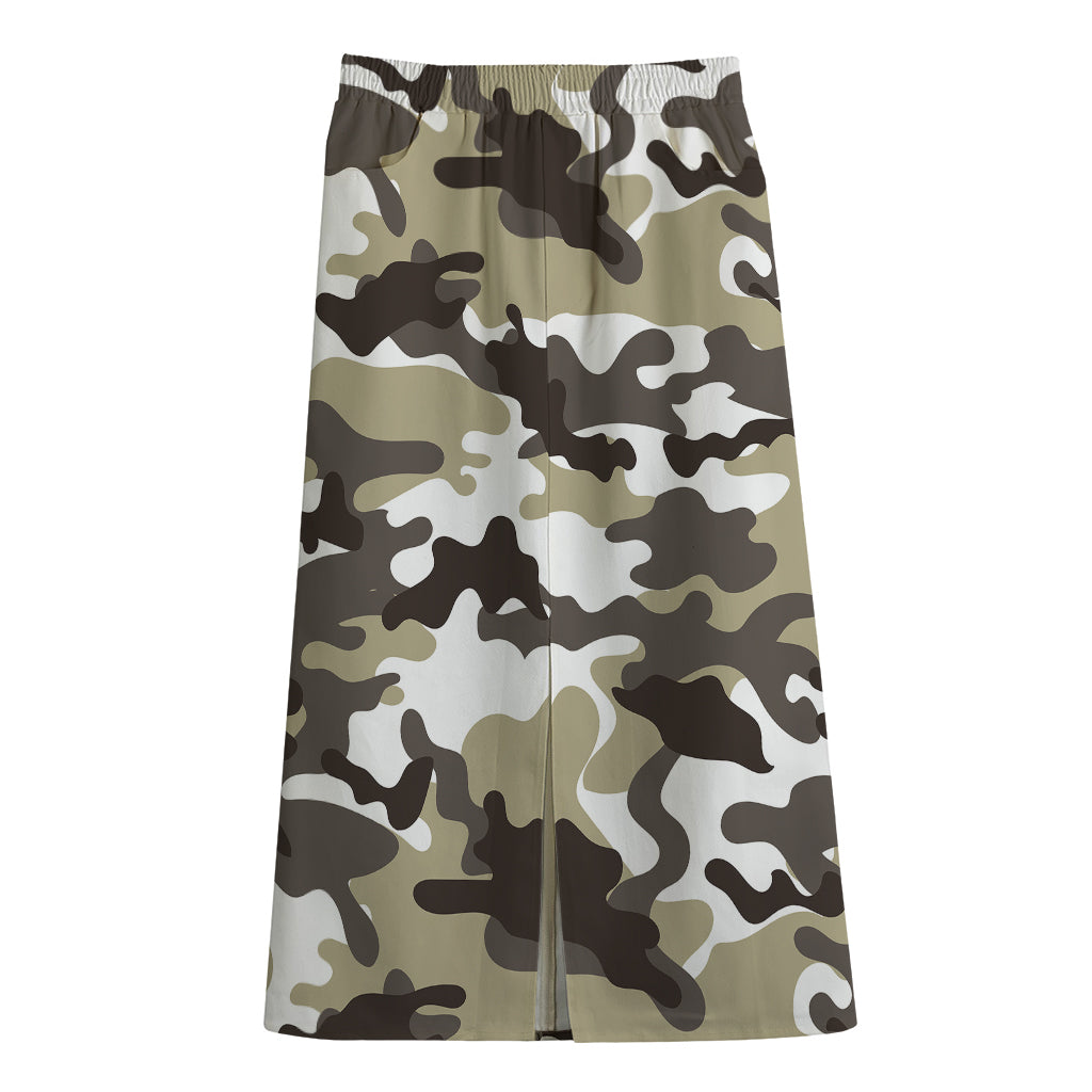Brown And White Camouflage Print Cotton Front Slit Maxi Skirt