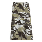 Brown And White Camouflage Print Cotton Front Slit Maxi Skirt