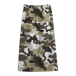 Brown And White Camouflage Print Cotton Front Slit Maxi Skirt