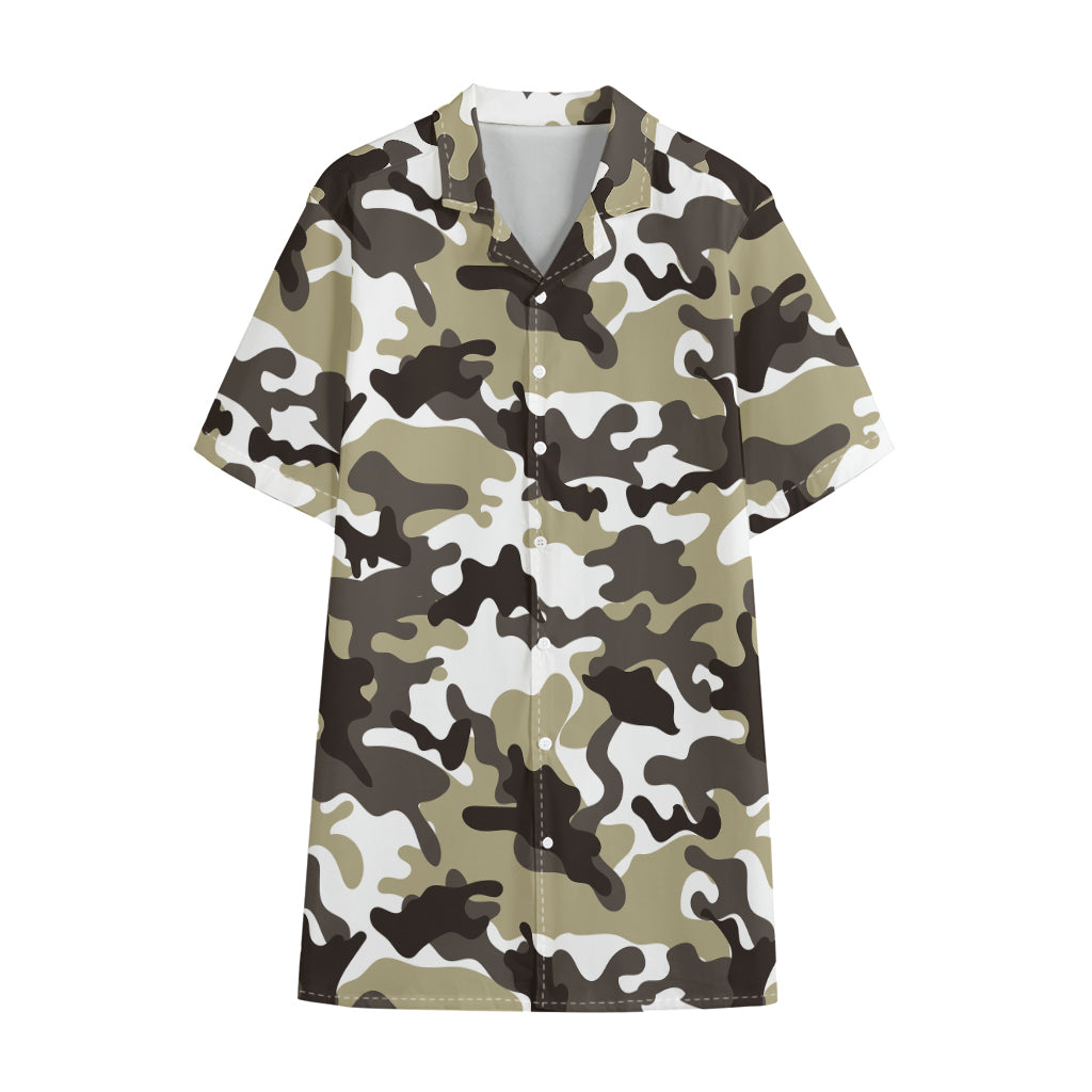 Brown And White Camouflage Print Cotton Hawaiian Shirt