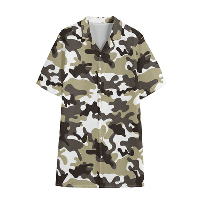 Brown And White Camouflage Print Cotton Hawaiian Shirt