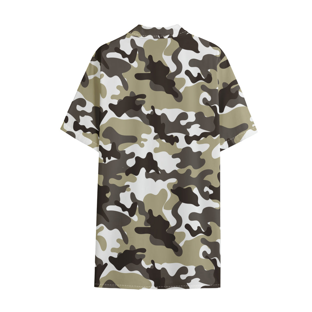 Brown And White Camouflage Print Cotton Hawaiian Shirt