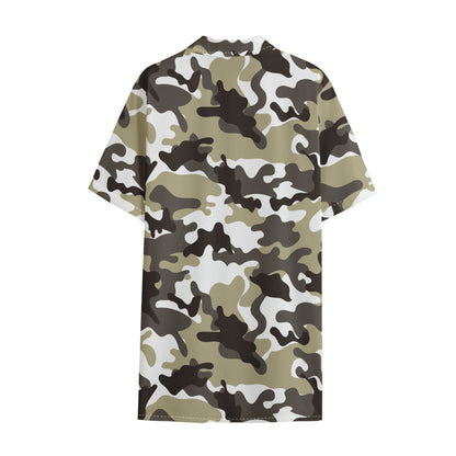 Brown And White Camouflage Print Cotton Hawaiian Shirt
