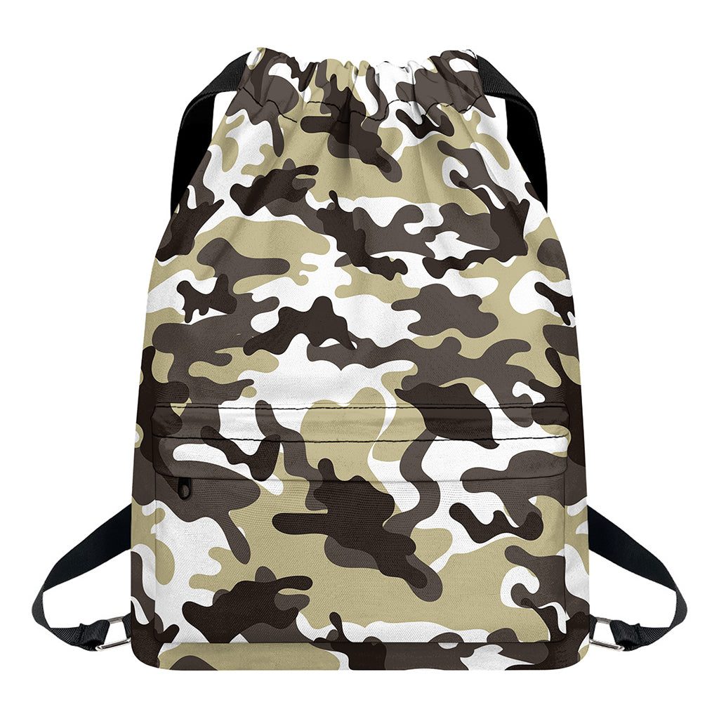 Brown And White Camouflage Print Drawstring Backpack