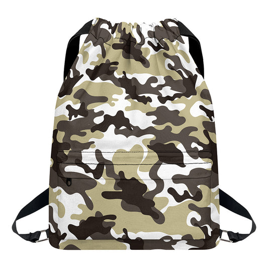 Brown And White Camouflage Print Drawstring Backpack