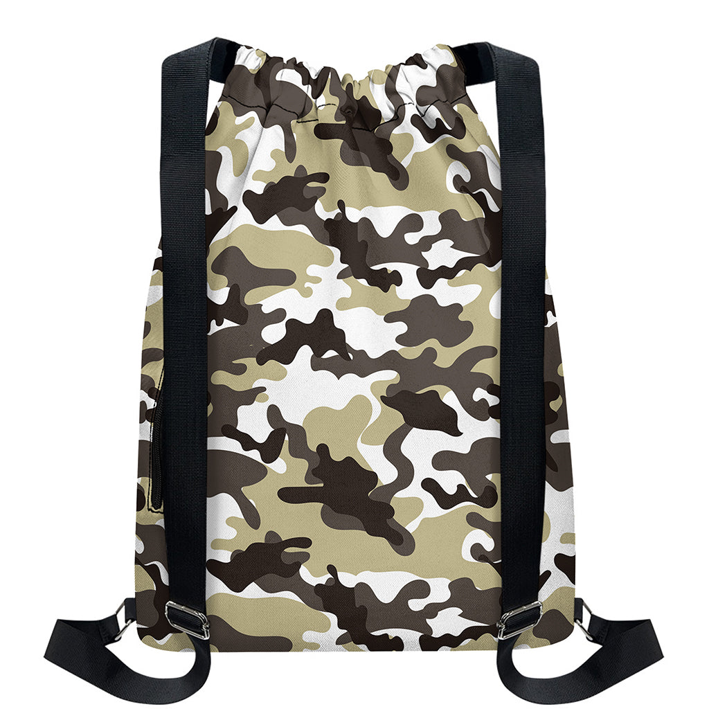 Brown And White Camouflage Print Drawstring Backpack