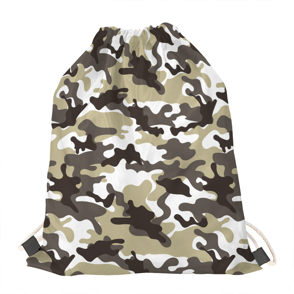 Brown And White Camouflage Print Drawstring Bag