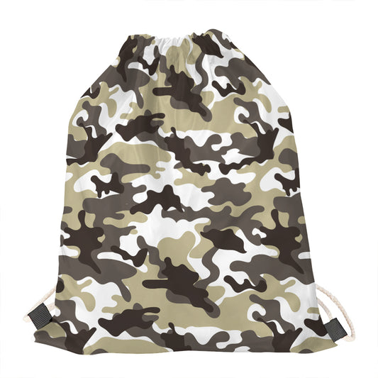 Brown And White Camouflage Print Drawstring Bag
