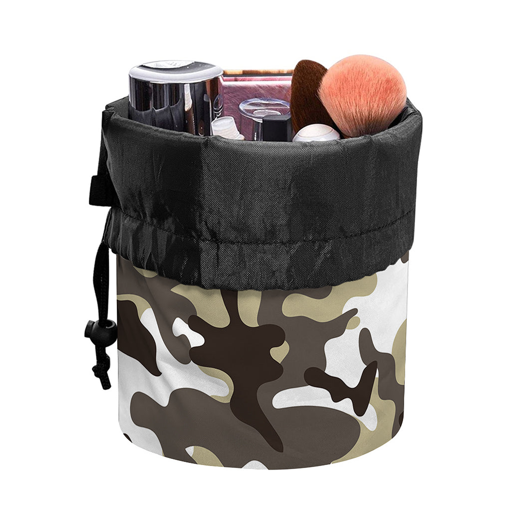 Brown And White Camouflage Print Drawstring Makeup Bag