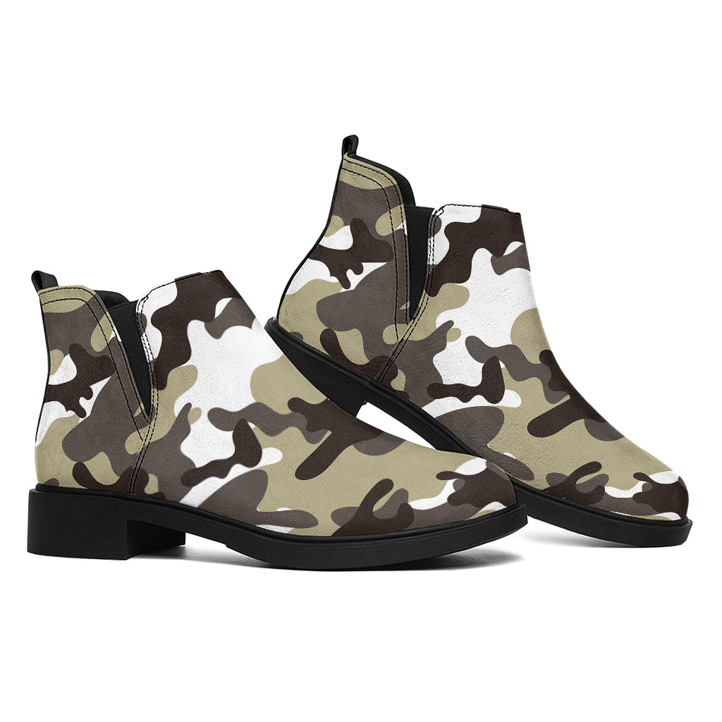 Brown And White Camouflage Print Flat Ankle Boots