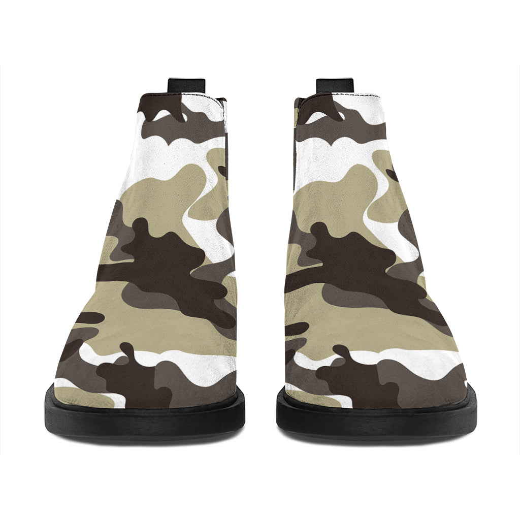 Brown And White Camouflage Print Flat Ankle Boots