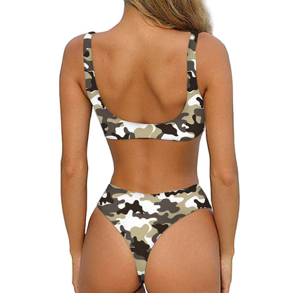 Brown And White Camouflage Print Front Bow Tie Bikini