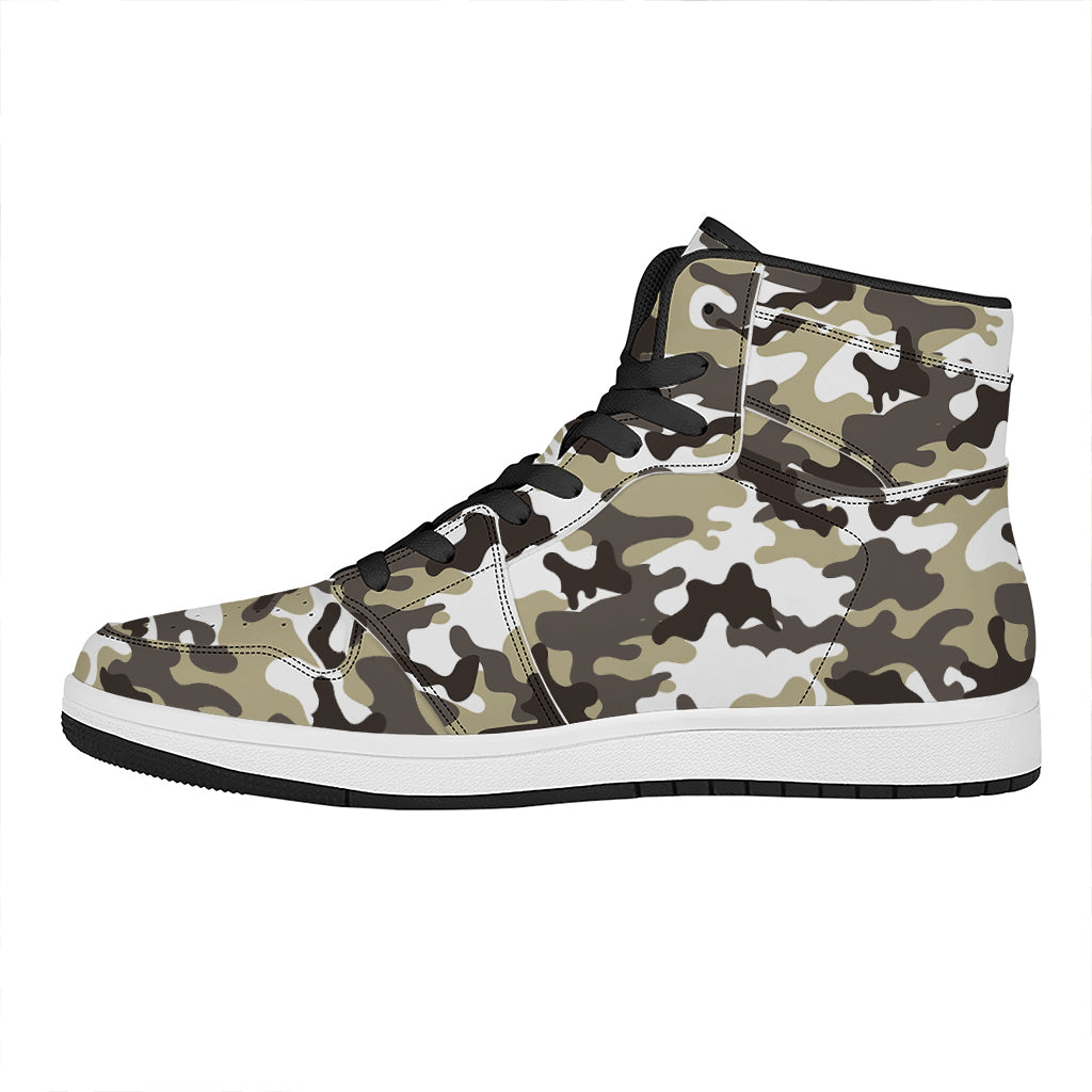 Brown And White Camouflage Print High Top Leather Sneakers