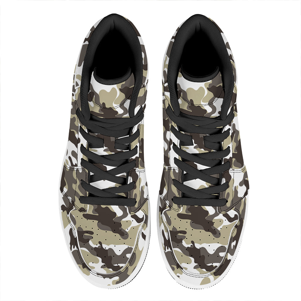 Brown And White Camouflage Print High Top Leather Sneakers