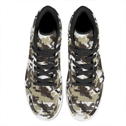 Brown And White Camouflage Print High Top Leather Sneakers
