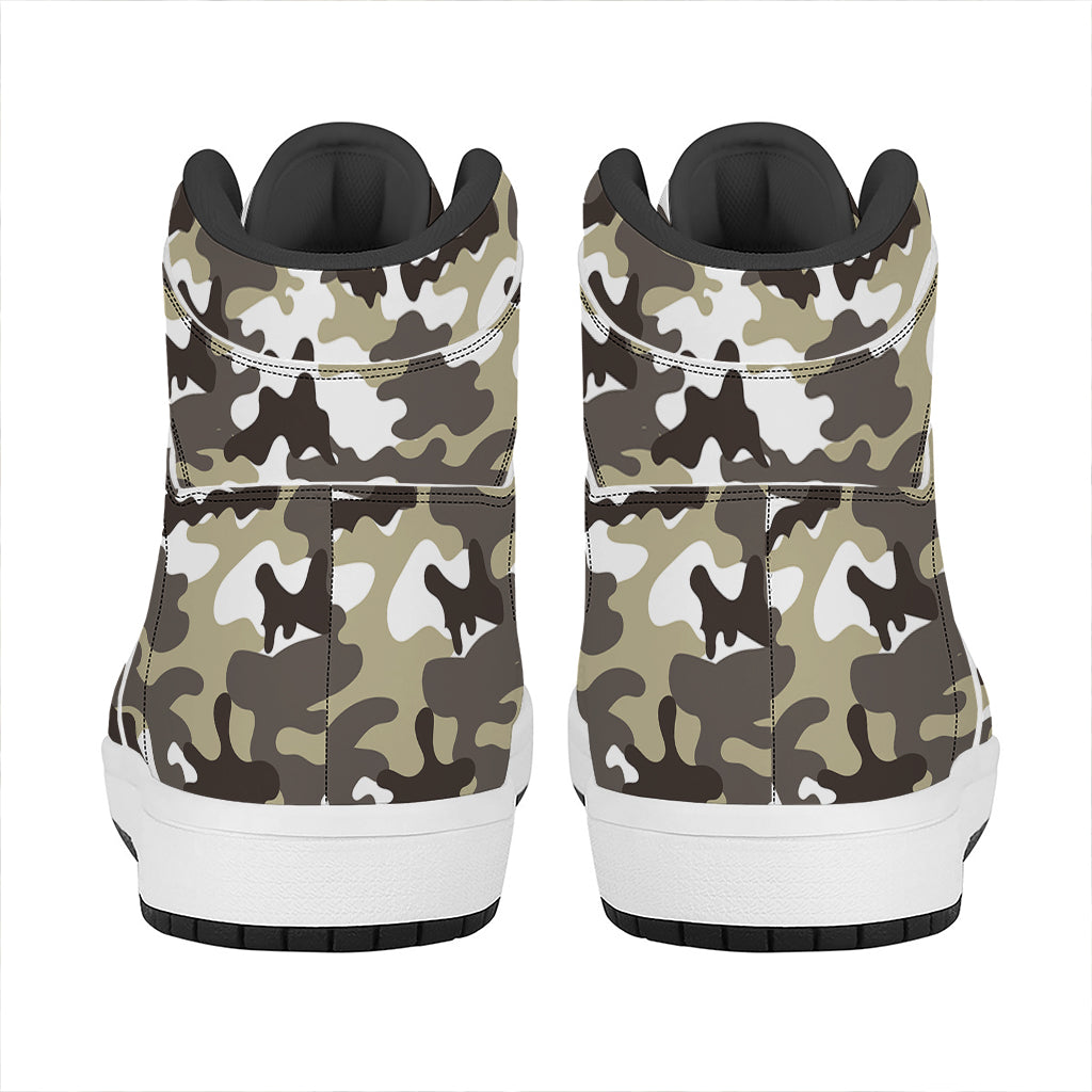 Brown And White Camouflage Print High Top Leather Sneakers