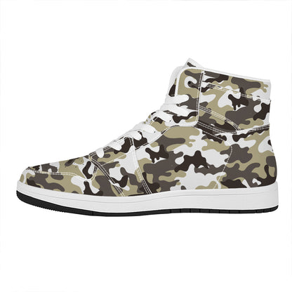 Brown And White Camouflage Print High Top Leather Sneakers